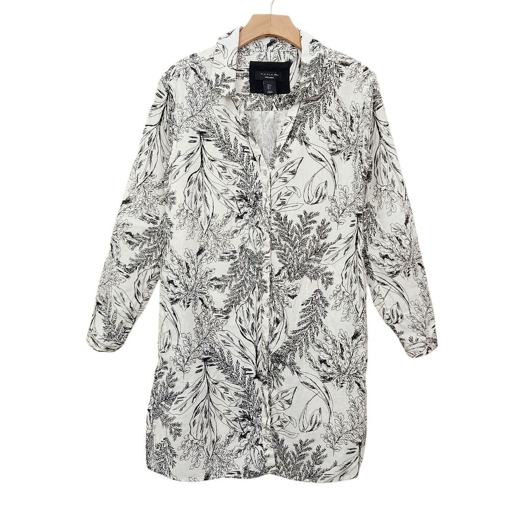 Tahari Linen Shirt Dress Womens Small White Black Botanical Foliage Coastal Boho
